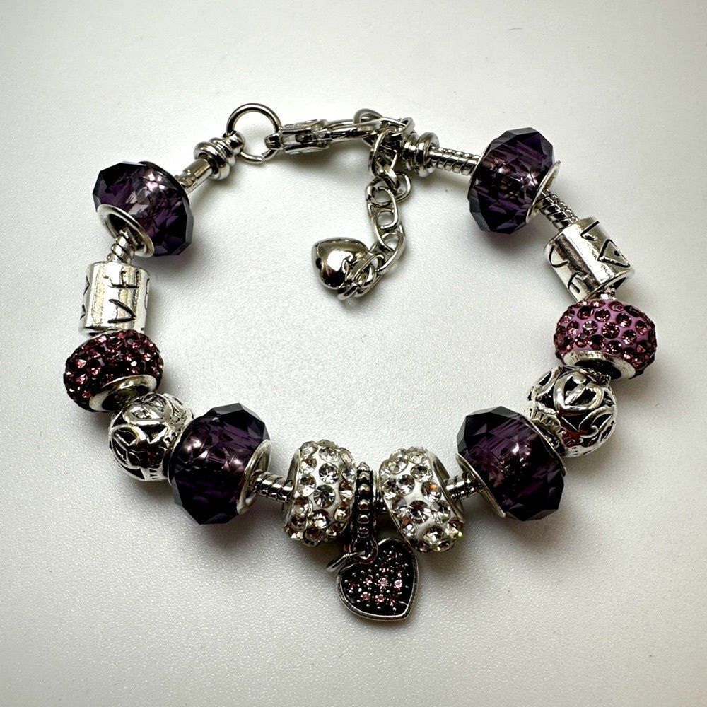 Pandora-style, silver tone purple glass,‎ pink/white rhinestone beaded bracelet!